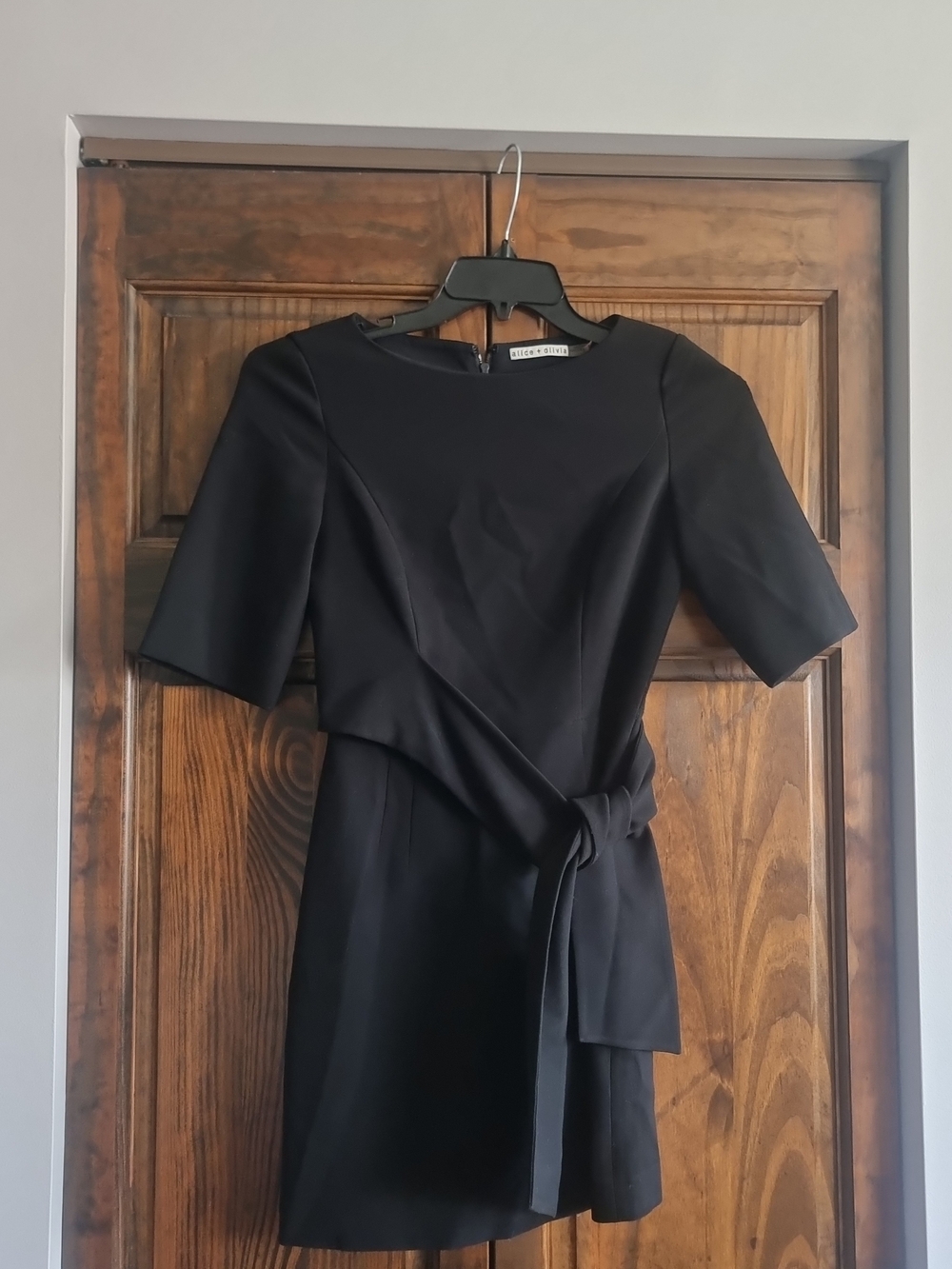 Alice + Olivia Black Short-Sleeve Midi Dress with Waist Tie